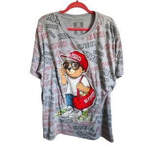 Mens 4XL Graphic T‎ Shirt Blessed Bear Hustle Money Allover Print Gray *Defect*